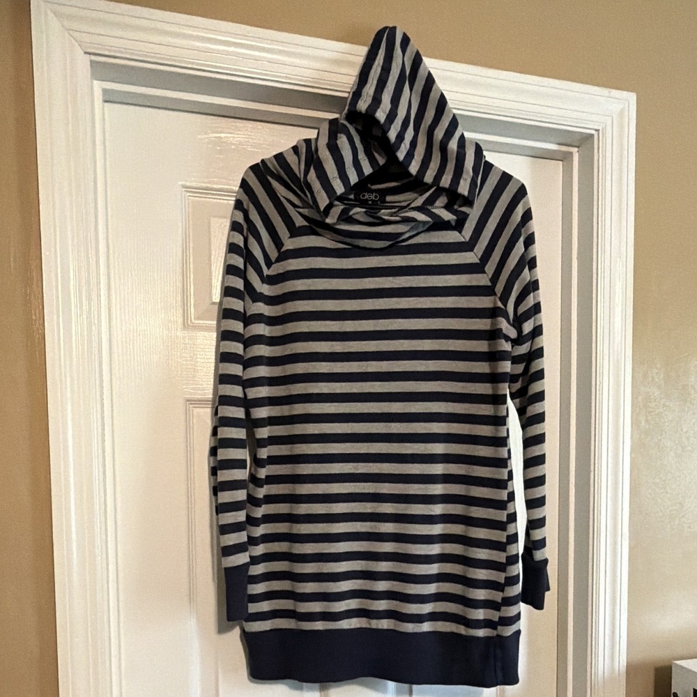 deb Women's Plus 1X Hooded Pullover Hoodie Navy Gray Striped Long Sleeve - Picture 7 of 9